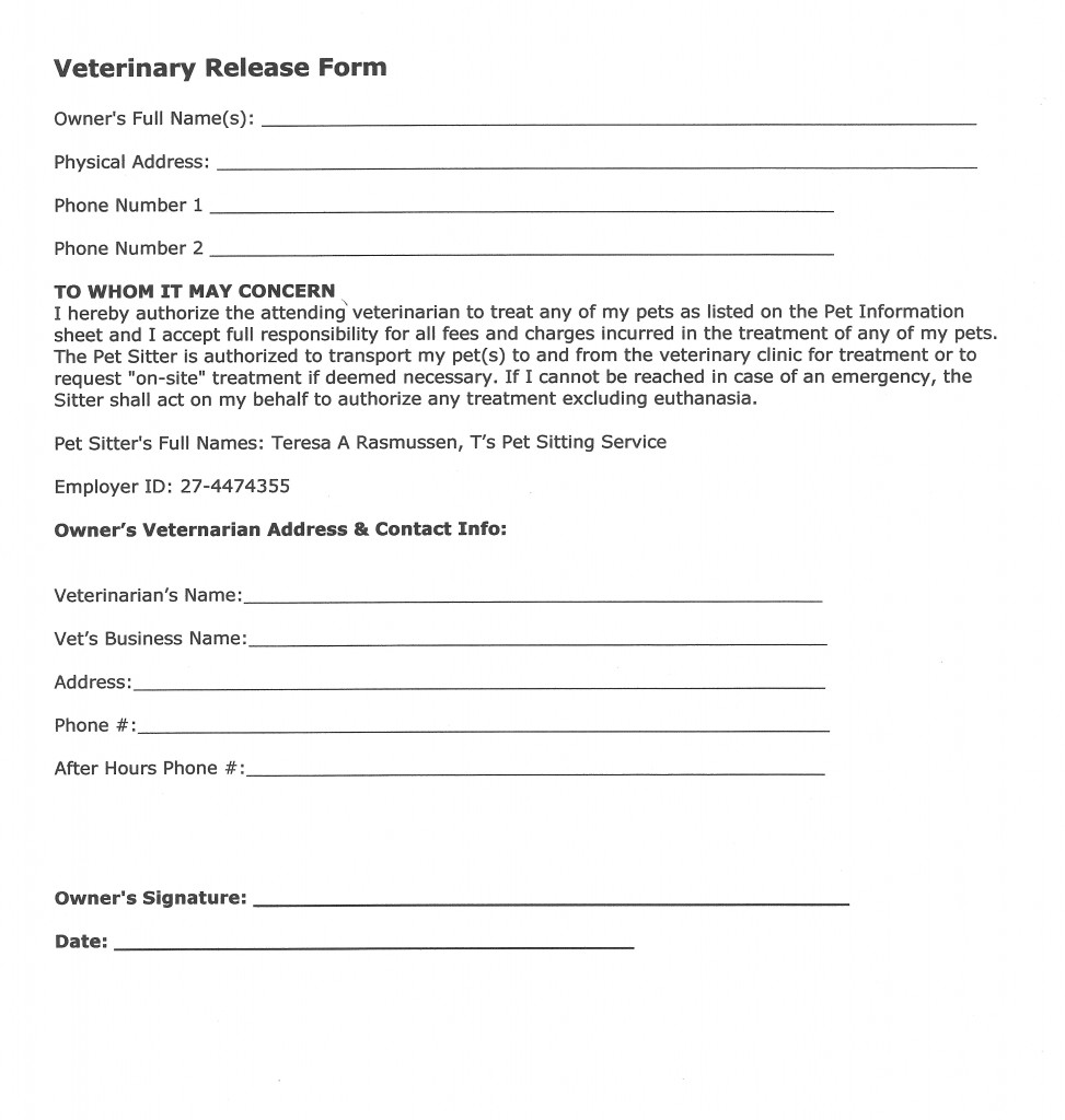 Vet Release Form Pet Sitter and Dog Walker Serving Omaha NE T's Pet